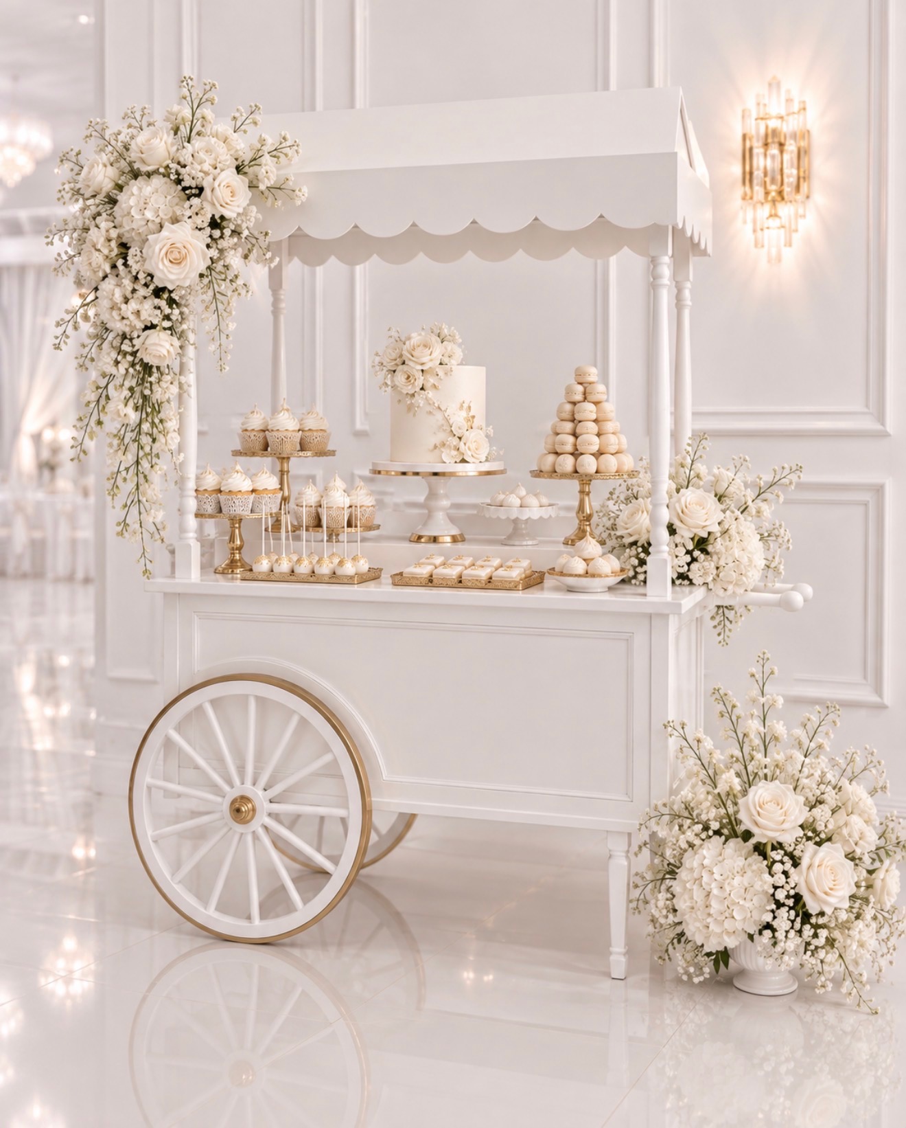 White dessert cart styled for a celebration