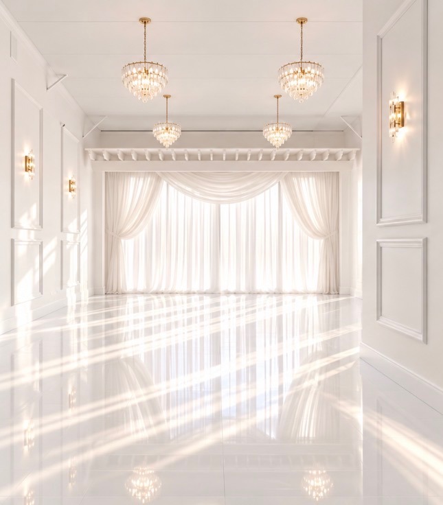 The luminous all-white ballroom at The White Canvas